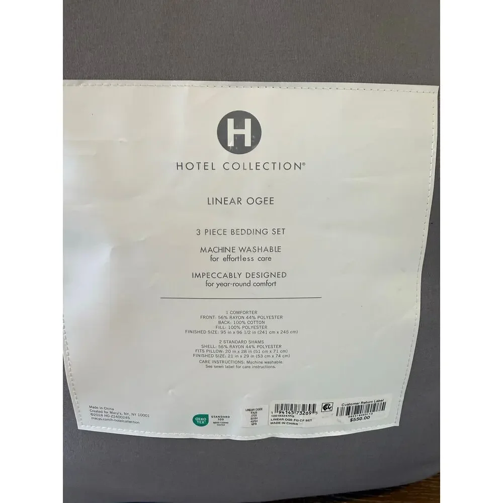 Hotel Collection Linear Ogee Full/Queen Comforter Set Gray 3pc Luxury Bedding